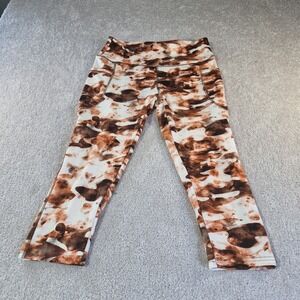 YUNA Classic Fashion High Waisted Capri Legging Brown White Marbled Tie Dye L/XL